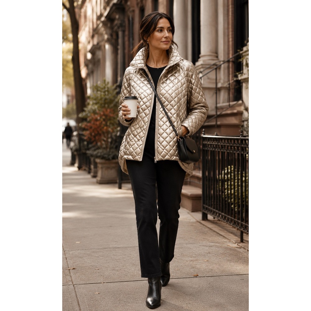 Athleta Whisper Featherless Metallic Champagne Diamond Quilted Puffer Jacket M